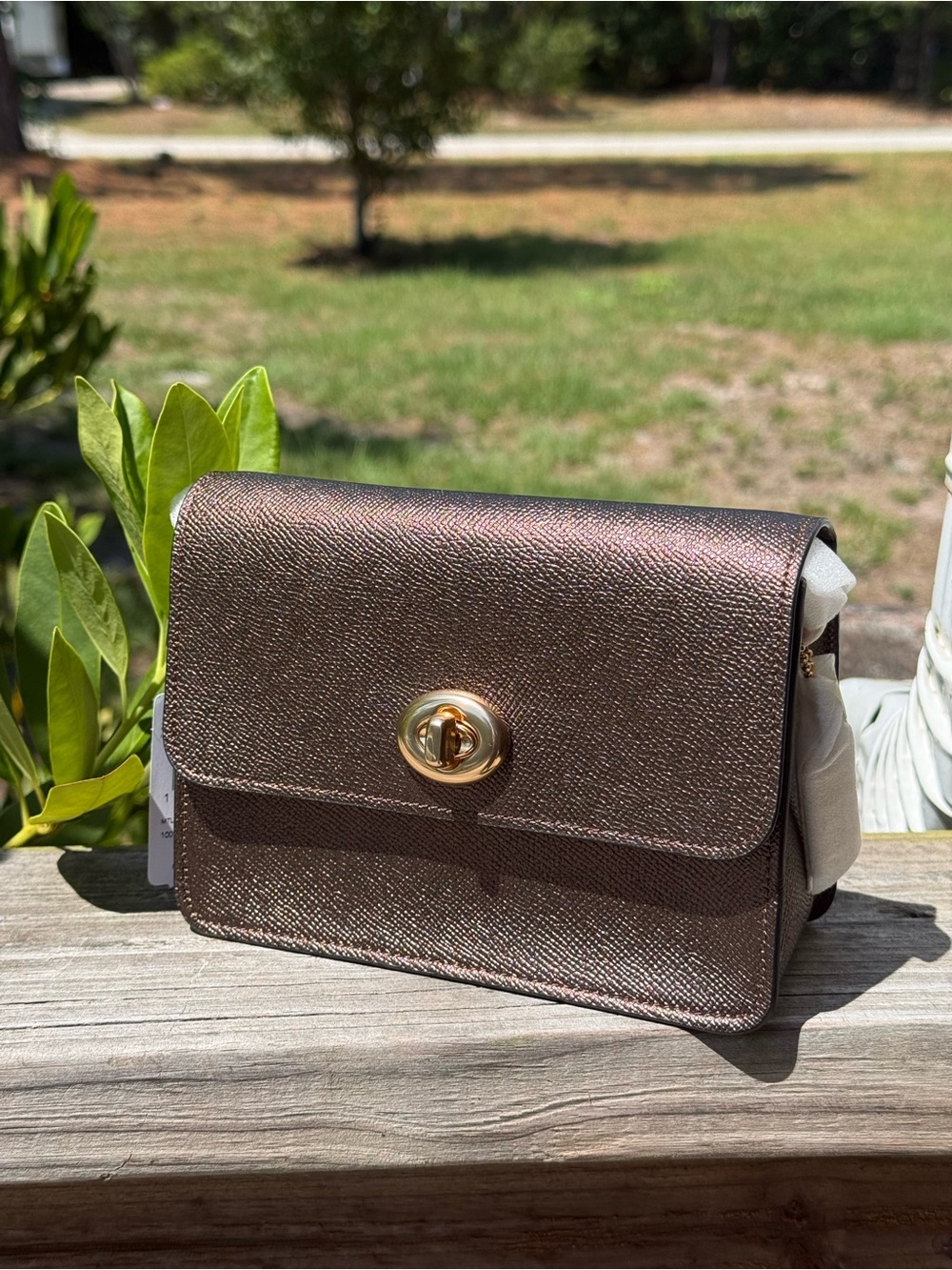 Brand New Coach Bowery Chain Link Crossbody Bag in Bronze Metallic with Turnlock